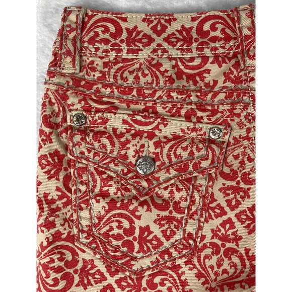 Miss Me Womens Cut Off Raw Hem Jean Shorts Red & Tan Paisley Size 27 - Picture 12 of 15